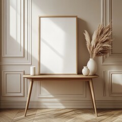 Poster - Elegant Wooden Table With Minimalist Decor Featuring a Blank Frame and Natural Elements in a Bright, Modern Interior