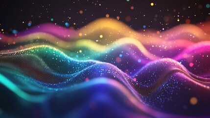 Fototapete - Vibrant Abstract Waves With Shimmering Particles Illuminated by Colorful Light in a Dark Setting