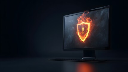 Poster - Digital Shield in Flames Cybersecurity Protection Concept Computer Screen with Warning Firewall Attack Security Breach Threat Detection System