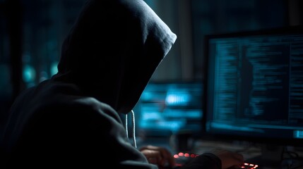 Poster - A Hacker Silhouette Working at Night Decoding Encrypted Data on Computer Screens in a Dark Room Cyber Security Concept