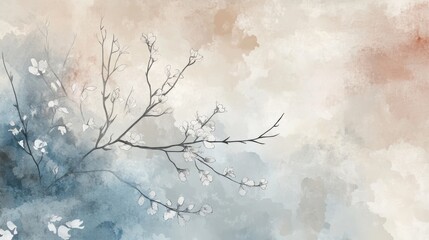 Poster - Delicate Blossoms Emerge From Soft Blue and Beige Hues in a Tranquil Watercolor Landscape Capturing the Essence of Spring's Beauty