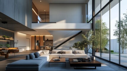 Poster - Modern Minimalist Living Room With Large Windows and Indoor Plants in a Spacious Architecture Design During Daylight