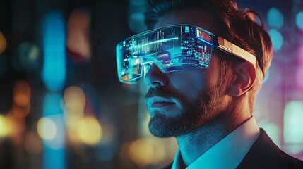 Aufkleber - Futuristic Man Wearing Advanced Technology Glasses in a Vibrant City Setting During the Night Capturing Digital Information and Analytics