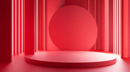 Poster - Vibrant Red Minimalist Stage Design With Circular Platform and Vertical Light Elements During an Artistic Showcase