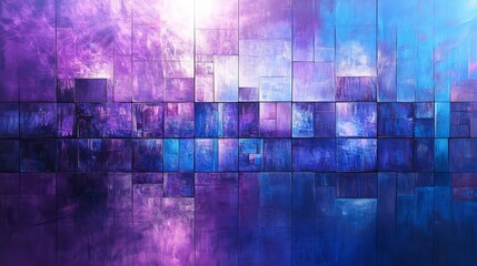 Poster - Vivid Abstract Mural Displaying Geometric Patterns in Shades of Purple and Blue, Illuminated by Soft Light During the Late Afternoon Hour