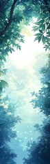 Poster - Light Filtering Through a Lush Canopy in a Tranquil Forest, Showcasing Vibrant Foliage and Serene Ambiance During the Early Morning