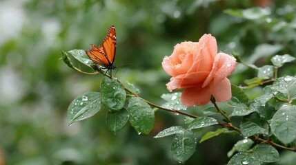 Poster - A monarch butterfly rests delicately on a pink rose petal adorned with droplets, set in a lush garden creating a serene and enchanting atmosphere