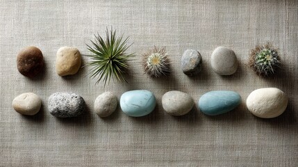 Poster - A close-up view showcases a colorful array of desert plants and stones set in a geometric layout against a textured linen background, with ample space for text