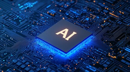 Aufkleber - Technology Powers Future With AI Chip on Circuit Board Illuminated in Blue During Nighttime