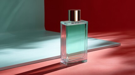 Aufkleber - Close-up of a transparent misting bottle against a coral background captures clean lines and refreshing vibes, with space for branding on the right side