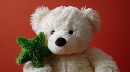 Aufkleber - A soft, plush white teddy bear embraces a green star toy, set against a bright coral backdrop, illuminated with studio light for a joyful ambiance