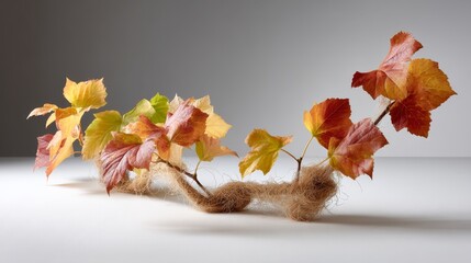 Poster - A detailed view of a single maple branch with limited leaves, beautifully highlighted by soft natural light against a plain white background, creating serene visuals