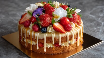 Aufkleber - Radiant celebration cake features layers of fresh berries and a rich white chocolate drizzle, elegantly presented on a sparkling mirrored tray with room for text