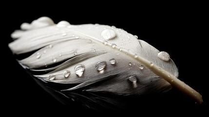 Poster - A single white feather, detailed with tiny water droplets, rests on a glossy black surface. The gentle backlighting creates a serene and ethereal atmosphere