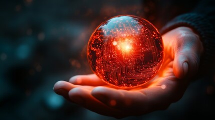 Fototapete - Hand Holding a Glowing Red Sphere With Circuit Patterns in a Dark Environment Showcasing a Futuristic Design and Intricate Details