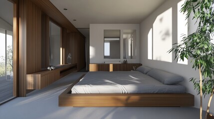 Poster - Modern Minimalist Bedroom With Wooden Furniture, Large Windows, and a Serene Atmosphere in a Contemporary Home