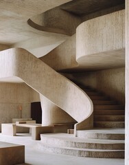 Poster - Contemporary Interior Design Featuring a Unique Spiral Staircase With Organic Shapes in a Minimalist Space During Bright Daylight