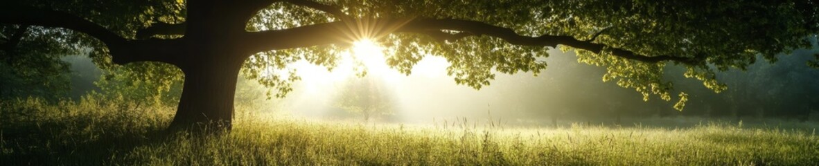 Poster - Sunlight Filtering Through Lush Green Leaves in a Serene Meadow During Early Morning Hours Near a Calm Forest Area