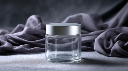Leinwandbilder - A close-up view of a cylindrical glass jar featuring a sleek matte silver cap, placed on a charcoal textured surface, perfect for design applications with copy space
