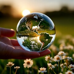 Aufkleber - A Hand Holding a Crystal Globe Reflecting a Blooming Meadow at Sunset, Representing Environmental Awareness.