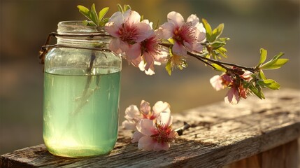 Poster - A frosted glass jar with delicate liquid sits among pale peach blossoms on a weathered plank, bathed in soft morning light for a rustic vibe
