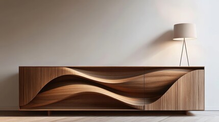 Poster - Modern Wooden Sideboard With Elegant Lamp and Decorative Vases in a Minimalist Interior Setting