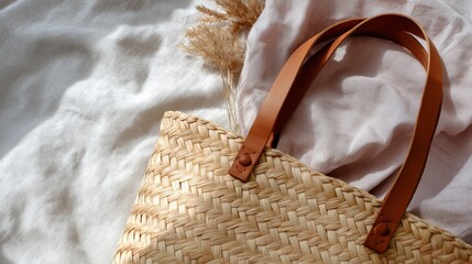 Aufkleber - Close-up of a stylish woven straw handbag with sturdy leather straps, elegantly placed on a soft linen surface, illuminated by gentle daylight