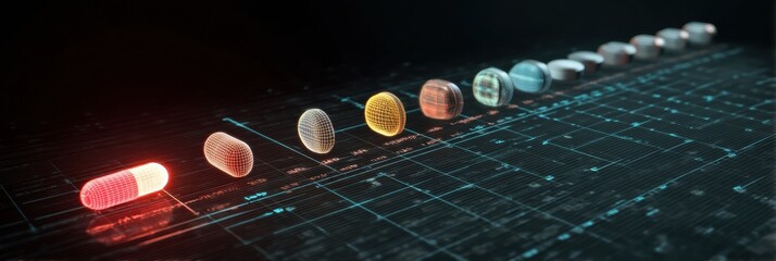 Poster - Holographic Display Showing Timeline of Medicine Effectiveness With Various Stages Represented as Stylized Capsules Generative AI