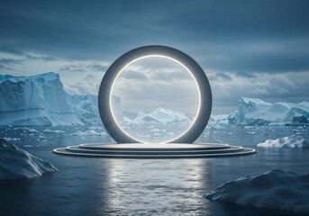 Poster - futuristic round podium against the backdrop of arctic ice for product presentation or advertising . Generative AI