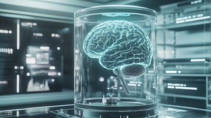 Poster - Innovative Display of a Glowing Human Brain in a Futuristic Laboratory During a Scientific Exploration of Neural Functions