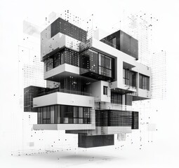 Poster - Modern Architectural Design Showcases a Futuristic Building Composed of Geometric Shapes and Floating Elements in a Minimalist Style