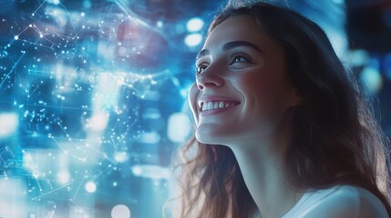 Poster - Joyful Woman Celebrating in Front of a Vibrant Digital Display Filled With Data and Graphs During a Tech Event at Night in a Modern Urban Setting
