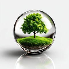 Poster - Green Tree in a Glass Orb Symbolizing Environmental Conservation and Sustainable Living, Standing on a Reflective White Surface