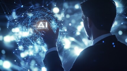 Aufkleber - Professional Man Interacts With Digital Interface Showcasing Artificial Intelligence Technology in a Modern Office Environment During a Late Evening Hours