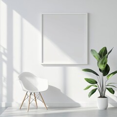 Poster - Bright and Airy Interior Featuring a Blank Picture Frame and a Potted Plant in a Sunlit Room
