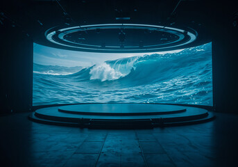 Poster - futuristic round podium against the backdrop of the ocean and waves for product presentation or advertising . Generative AI