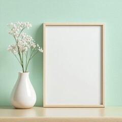 Poster - Minimalist Decor Featuring a Blank Frame, a Vase With Dried Flowers, and a Glass on a Wooden Shelf Against a Mint Green Wall Background