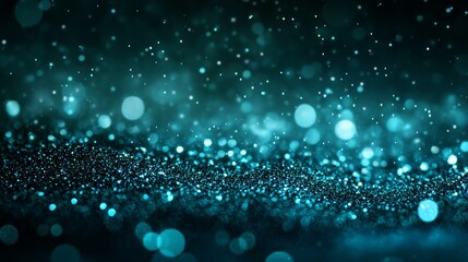 Poster - Shimmering Turquoise Particles Create a Mesmerizing Effect in a Soft-Focus Background, Illuminated by Ambient Light in a Dark Space