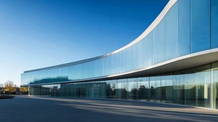 Poster - Modern Architectural Design Features Smooth Curves and Large Glass Panels Under a Bright Sun at a Residential Building in a Clear Blue Sky