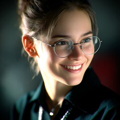 Poster - Young Woman with Glasses Smiling: A Portrait of Intelligence and Charm in Subtle Lighting