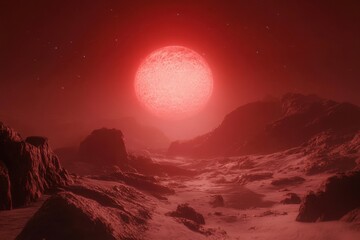 Wall Mural - red giant star illuminating a barren alien landscape in a distant galaxy exploration
