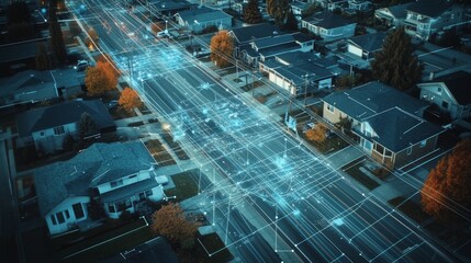 Poster - Digital Overlay Transforms Quiet Suburban Street Into a Vibrant Network of Glowing Data Streams at Dusk