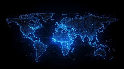 Aufkleber - Digital Representation of a Blue Glowing World Map With Data Visualization on a Black Background