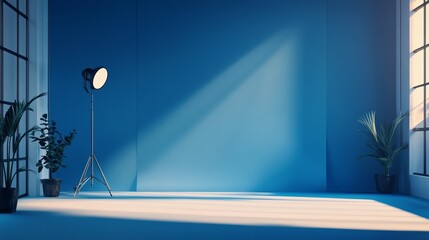 Poster - Bright Room With Blue Walls and Sunlight Streaming Through Large Windows Creating Patterns on the Floor