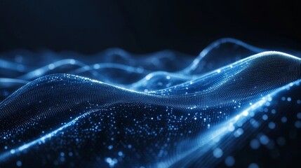 Aufkleber - Digital Landscape Showcasing Vibrant Waves of Particles Illuminated by Blue and Pink Light During an Abstract Visualization Event in a Darkened Environment