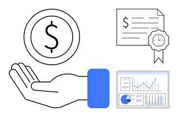 Poster - hand holding coin symbolizing value, certified document indicating trust, analytics dashboard for fi