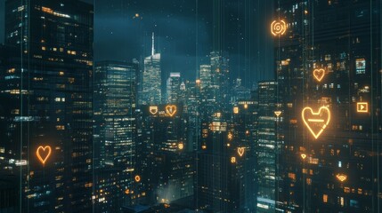 Aufkleber - Neon-lit Futuristic Cityscape With Towering Skyscrapers Shrouded in Mist and Vibrant Colors in a Night Setting