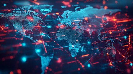 Aufkleber - Digital World Map With Glowing Connections and Data Points Representing Global Networking and Technology Trends in a Cyber Environment