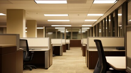 Poster - Modern Office Workspace Featuring Large Windows and Bright Lighting With Multiple Desks and Computers During the Day