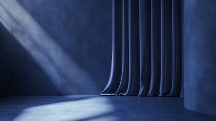 Poster - Elegant Dark Blue Satin Fabric Draping With Soft Folds and Smooth Texture Under Soft Lighting